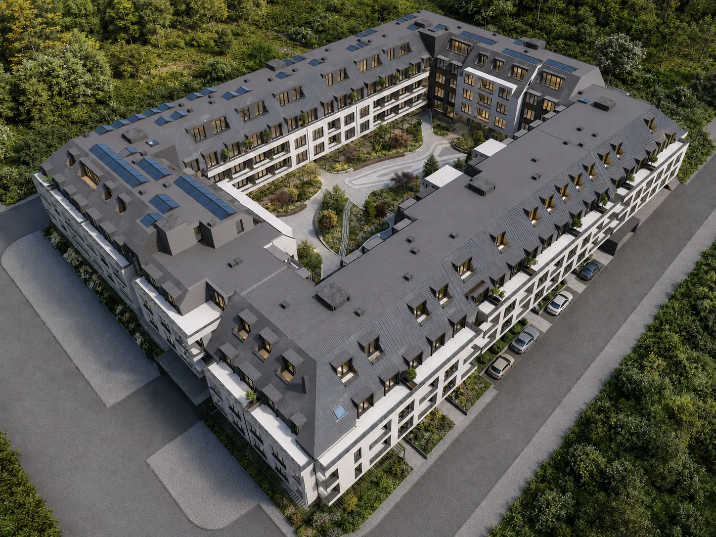 Визуализация на фасадата на Casa Verde откъм улицата, с озеленени площи и паркоместа