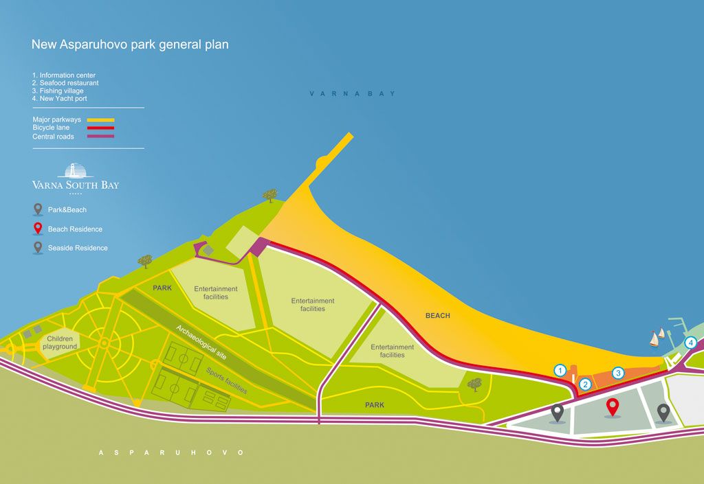План на парк Аспарухово с плажа, велоалеите и местоположението на Varna South Bay
